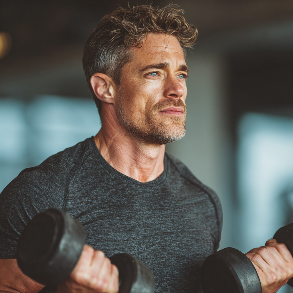 Fit man in his late 40s performing strength training exercise with dumbbells in modern gym, wearing athletic clothing, focused expression, natural lighting
